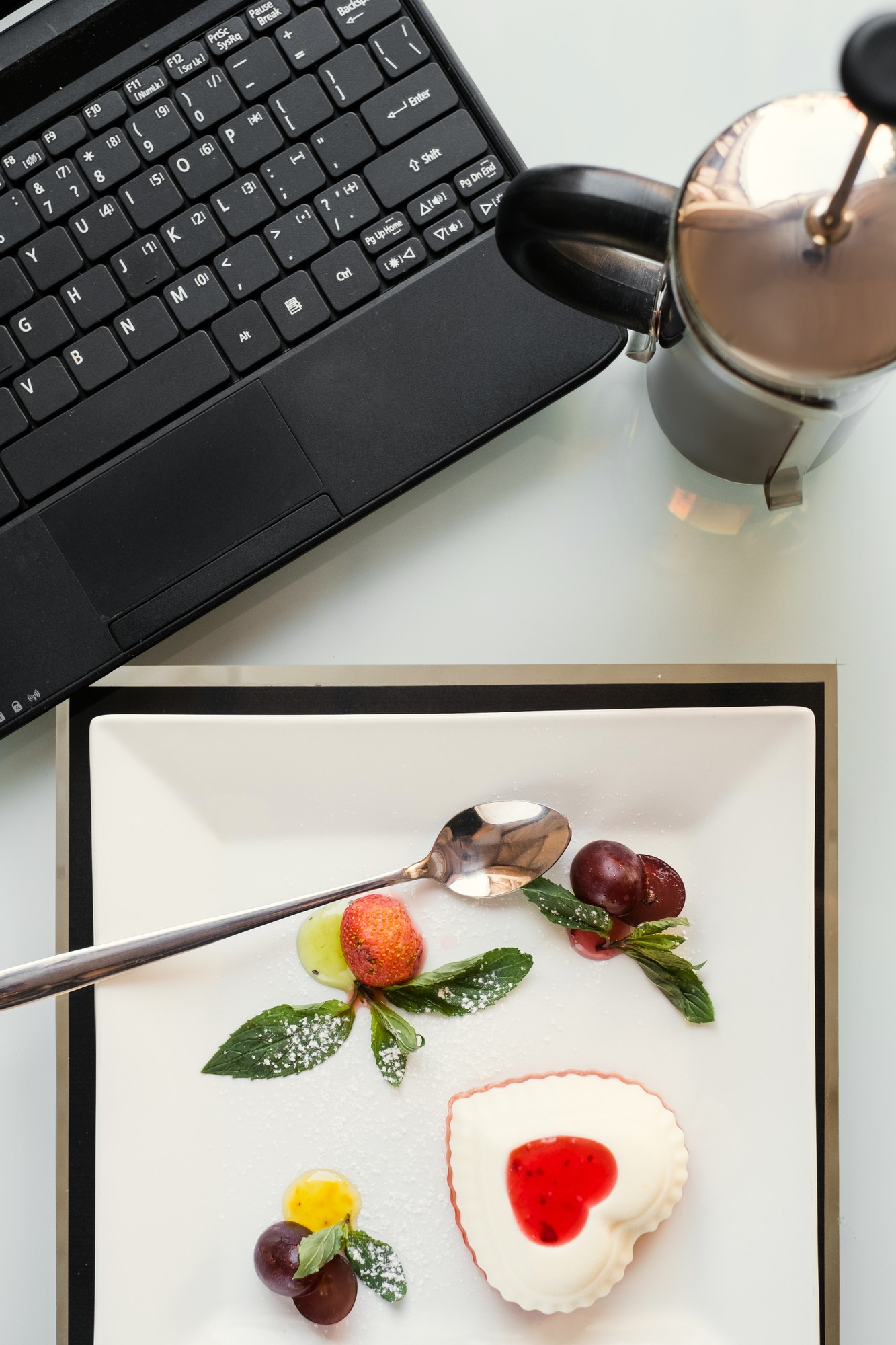 Flat lay of course materials and plated dish